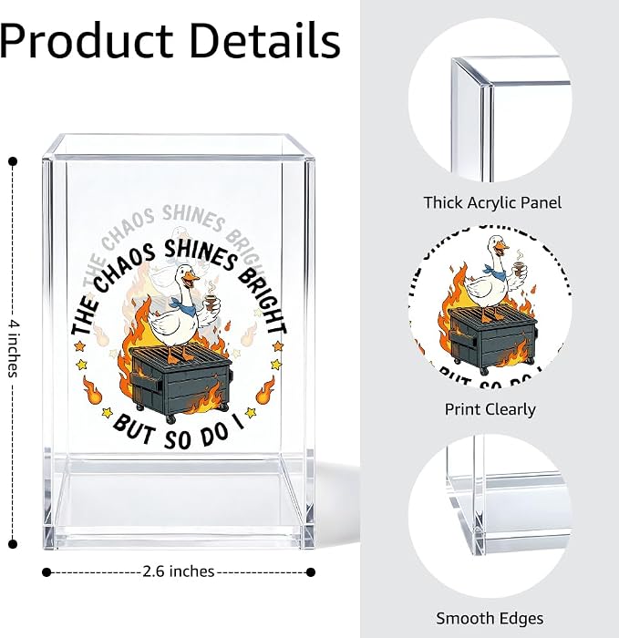 Everything is Fine Cosmetic Organizer Pen Holder, Acrylic Desk Holder for Pen Pencil, Office Gifts for Coworker, Dumpster Fire Desk Accessory (Transparent63)