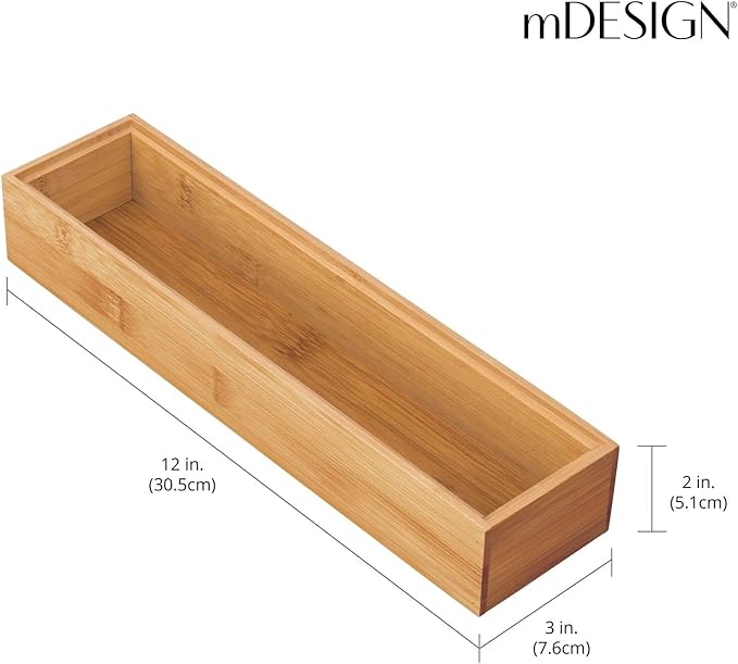mDesign Slim Wooden Bamboo Drawer Organizer for Office - 12" Long Stackable Storage Box Tray for Desk Drawers/Cabinet - Junk Drawer and Accessories Organization - Echo Collection, 2 Pack, Natural Wood