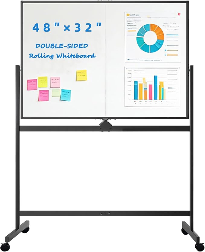 BIBOC Rolling Stand White Board 32×48 Inches, Double Sided Mobile Dry Erase Board with Aluminum Frame, 360° Rotating Dry Erase Whiteboard for Home Office Classroom (WHITEBOARD, 32×48 inches)