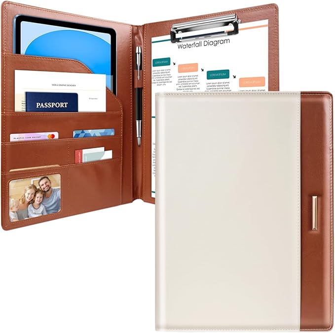 Padfolio/Resume Portfolio Folder for Women Men, WAVEYU Cute Chic Padfolio Cover Folder, Conference/Legal Document Organizer with Letter/A4 Size Clipboard, Document Sleeve, Brown+White