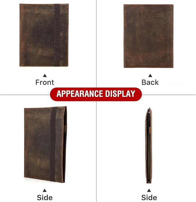 Top Grain Leather 11" Padfolio for Men & Women, Handmade Vintage Design, Multi-Functional Business Portfolio Organizer, Compatible with Cards/iPad/Pen/B5 Size Document, Coffee 11 Inch