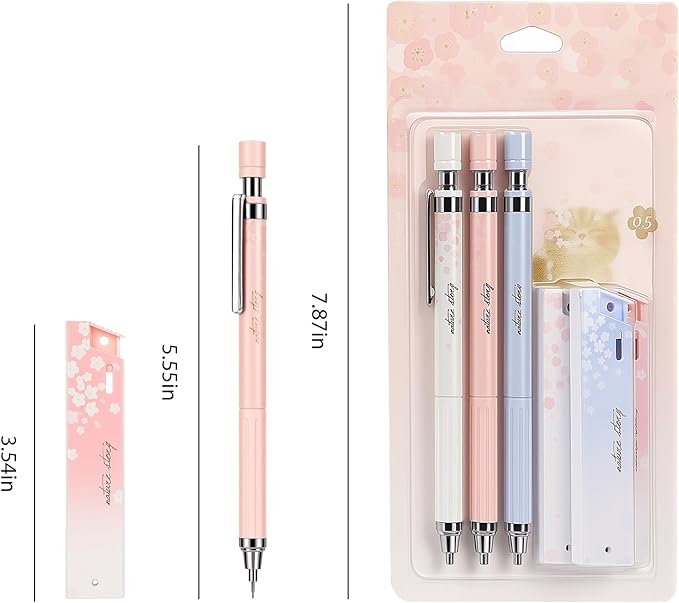 Cute Coquette Cherry Blossom Mechanical Pencils Set Include 3 Kawaii Mechanical Pencils,3 Tubes Mechanical Pencil Lead Refills,0.5mm Aesthetic Mechanical Pencil for School Office Writing Draft Drawing
