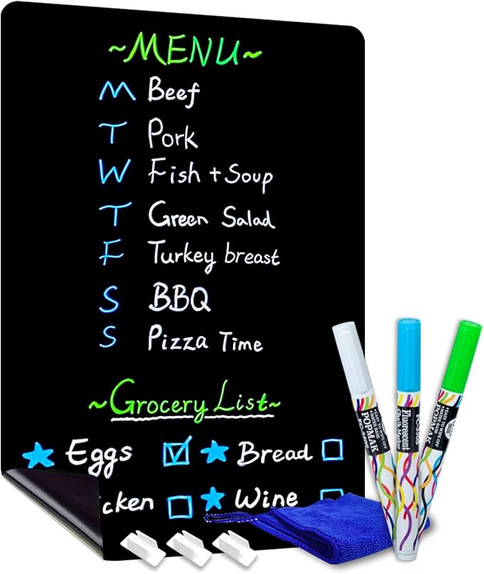 CUHIOY Magnetic Black Dry Erase Board for Fridge 17x11'', Small Whiteboard Kitchen Refrigerator Magnet Black White Board for Grocery List and to Do List，3 Liquid Chalkboard Marker Pens and 1 Eraser