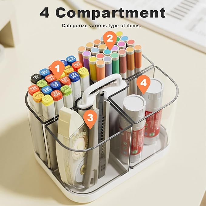 2 Pack Small Plastic Portable Caddy with Handle, Stackable Pen Holder 4 Compartments, Clear Pencil Organizer for Art Supplies, Crafts, Colored Pencils, Stationery, Markers