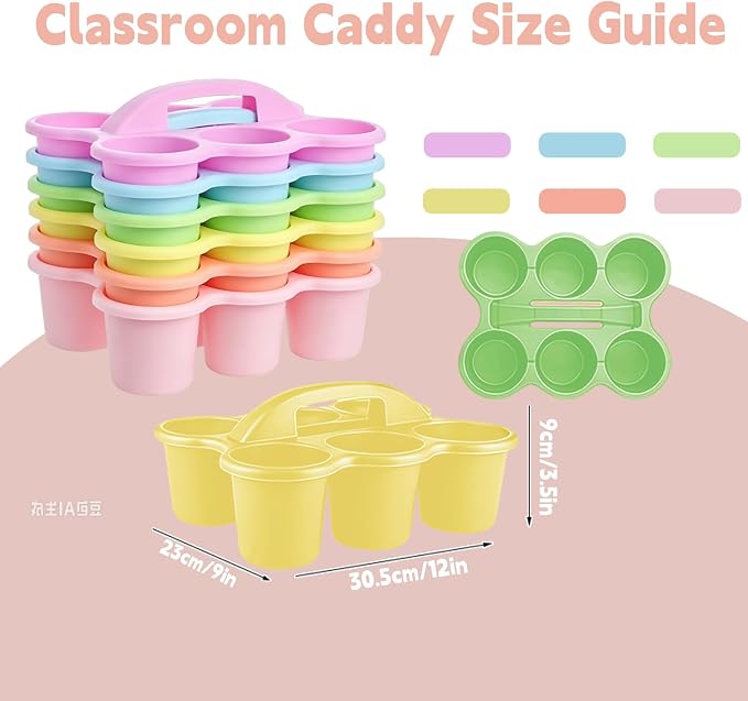6 Pack Classroom Caddy Organizer with Handle Pastel Plastic Table Caddy 6 Compartments Storage Cup Holder for School Supplies Art Crafts Crayons Pencils Stackable Desk Caddy for Office Home