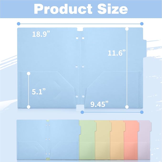 Plastic Folders with Pockets, 3 Hole Punched for 3 Ring Binder, 12 Pack Pastel File Folders, 1/3 Cut Index Tabs for Quick Find, Heavy Duty File Folders, Letter Size for School