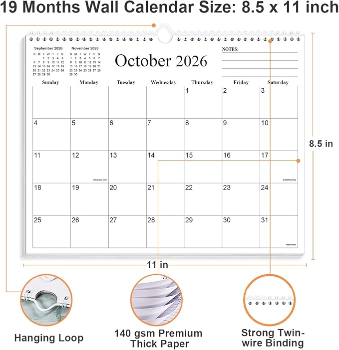 2026-2027 Calendar - 19 Months Calendar 2026-2027 from June 2026 to December 2027, Wall Calendars with Thick Paper for Home/Office/School, 8.5" x 11", Black