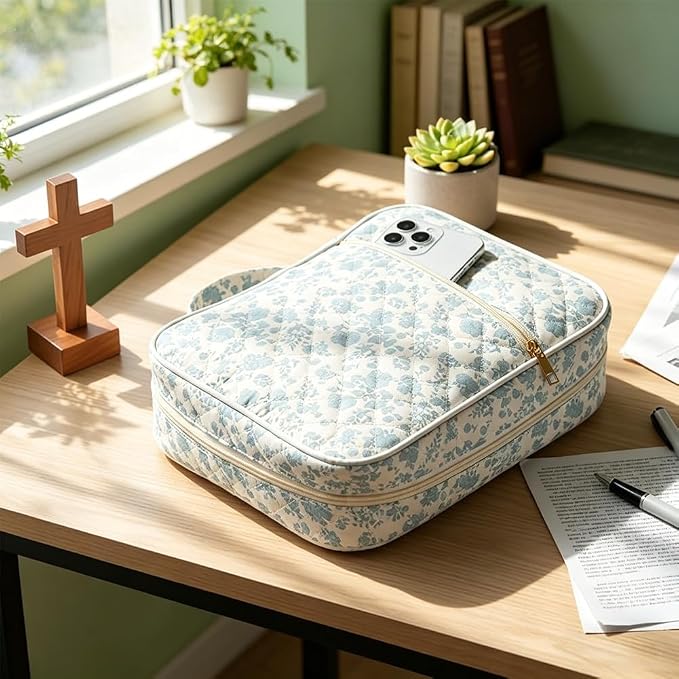 Bible Bag Cover Case for Women Bible Carrying Bag with Handles Bible Study Supplies & Accessories Christian Gifts for Women (White Blue)
