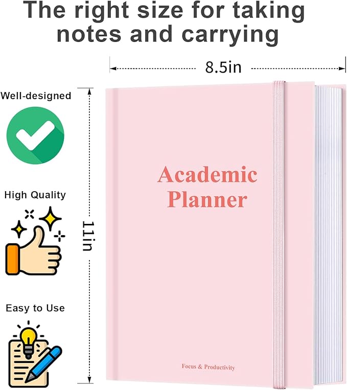 Academic Planner for 2026-2027 or Anytime – 8.5" x 11" Undated Weekly Student Planner For Homeschool, High School, College & Nursing Students, 200 Pages, Pink