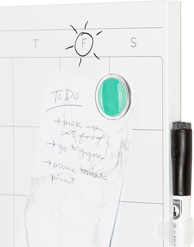 U Brands Square Magnetic Dry Erase Calendar White Board, 14" x 14", Frameless, Includes Marker and Magnet