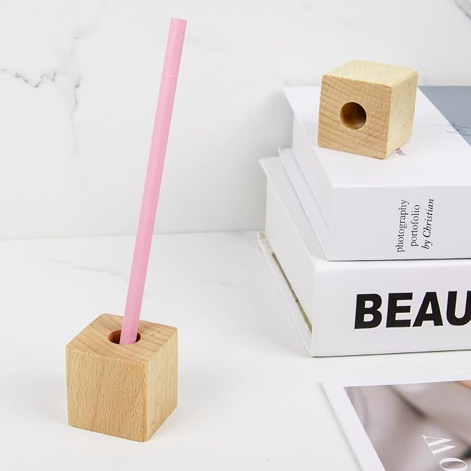 2 Pcs Beech Wood Pencil Holder Single Slot Pen Stands for Office & Home Desk (0.55" Hole, Pen Not Included)