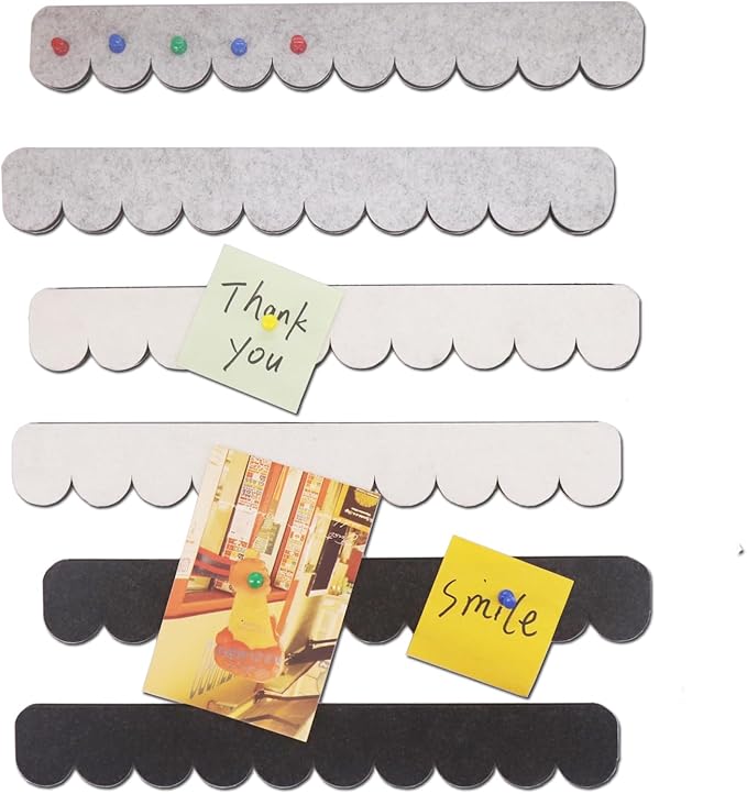 6Pcs Felt Bulletin Board Bar Strip 0.5 Inch Thick Self-Adhesive Pin Board Bar 13 Inch in Length with 35 Pushpins (Wave Shape A)