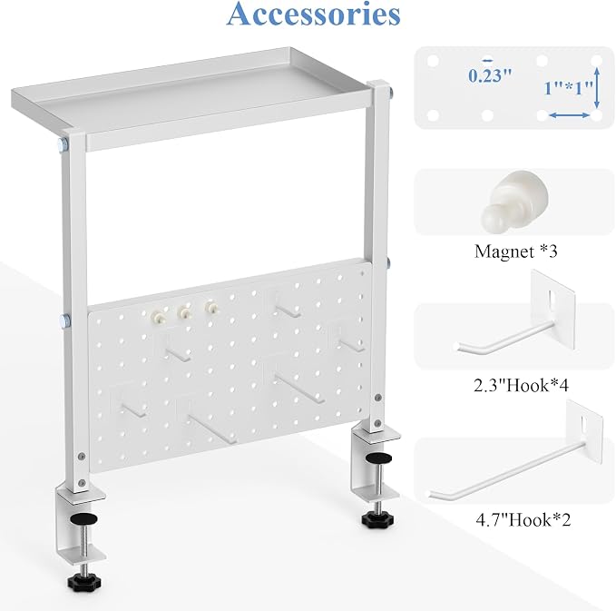 Jumyee 2-Tier Side/Top Clamp On Desk Shelf With Magnetic Pegaboard(White) | Flip Pegboard Tray & Magnetic Accessories, No-Drill White Desk Shelf with 6 Hooks for Home Office Gaming Accessories