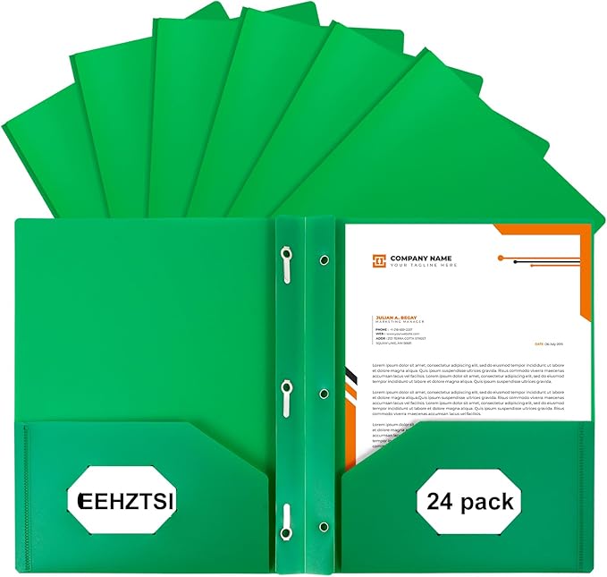 24-Pack Plastic Folders with Pockets and Prongs,2-Pocket Folders with 3 Fasteners, Holds 8-1/2" x 11" Paper for School/Office/Home, Green