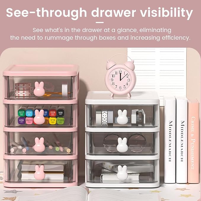 4-Tier Desk Storage Box, Transparent Plastic Organizer with Bunny Handles, Large Capacity Multi-Level Drawer for Books, Pens, Office Supplies, Perfect for Home, Office, or Study