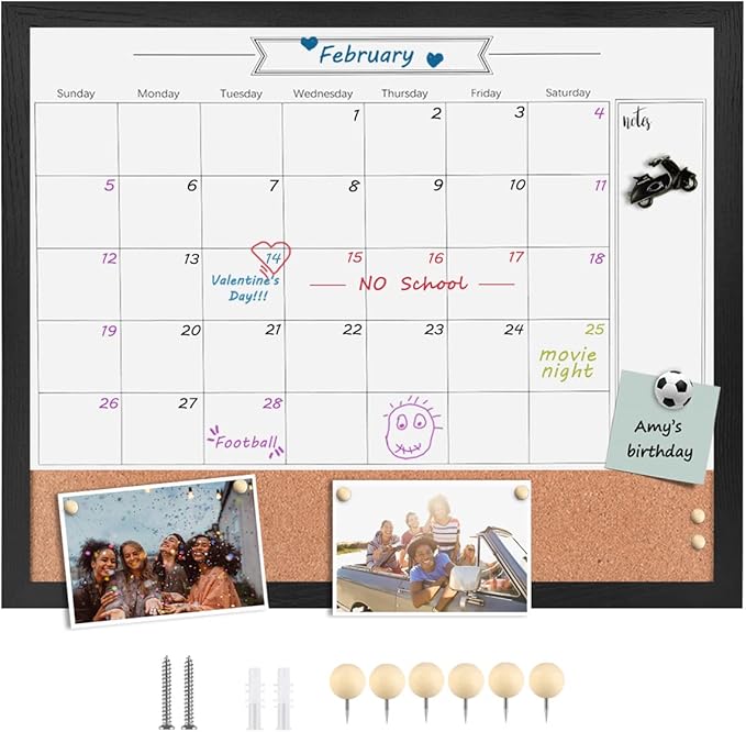Dry Erase Calendar Whiteboard for Wall, Combination Magnetic Dry Erase White Board & Bulletin Board, 17.7" x 21.6" Black Wood Framed Calendar/Cork Combo Board(BK-4555)