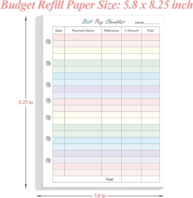 (2-Pack) Payment Checklist Refills Paper for Mini 3 or 7 Ring Binders - 50 Sheets/100 Pages Colorful Monthly Budget Forms, 7 Hole Punched/Desk Size 4, 100 gsm White Paper, 5.8" x 8.3"