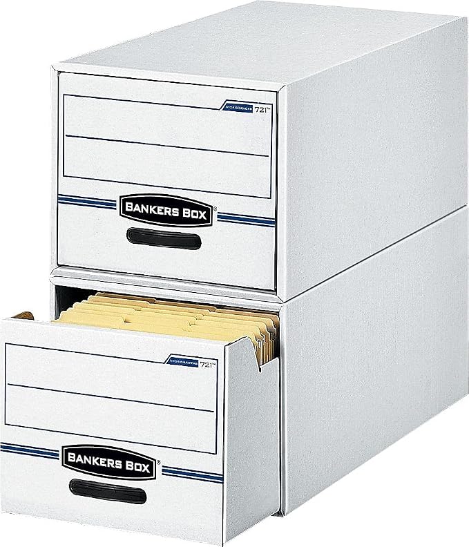 Banker's Box 6 Pack STOR/DRAWER STEEL PLUS Basic Space Saving Filing Cabinet, Stacks 2 High, Legal, White/Blue