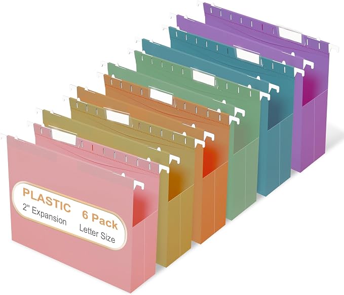 6 Pack Extra Capacity Plastic Hanging File Folders, Heavy Duty 2-Inch Expansion, Reinforced Expanding File Organizer with 1/5-Cut Tabs for Letter Size Documents, Office Desk & Home Storage