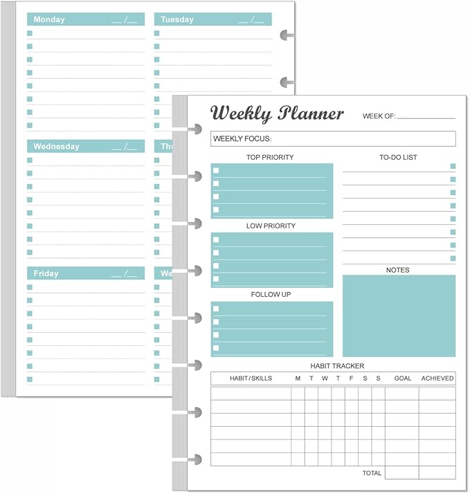 Junior Size Undated Weekly Planner Refills - 8-Disc 53 Sheets/106 Pages Weekly Planner for Half Letter Size, 100 gsm White Paper, Lasts 1 Year, Undated, 5.8" x 8.3", Teal