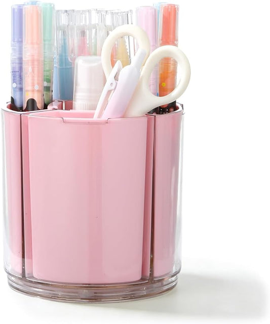 Comix 360° Rotating Pen Holder for Desk, Cute Pencil Holder Pen Organizer, Pink Acrylic Pencil Cup Caddy with 5 Slots for Home School Office Supplies