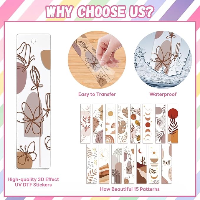 Peacoblue 30pcs UV DTF Bookmarks Transfer Stickers Wraps Bohemian Minimalism for Women Men Reading, Waterproof Bookmarkers Decal(No Blank Bookmarks) for Acrylic Plastic Metal Blank Bookmark