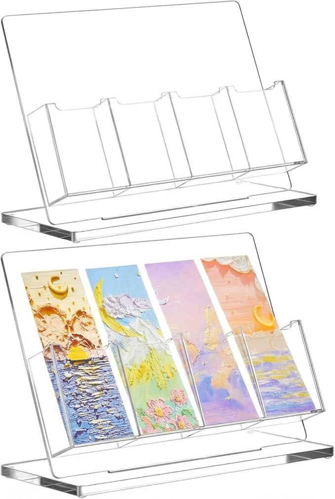 Dunzoom 2 Pcs Freestanding Acrylic Bookmark Display Holder for Business Multiple No Assembly Required 2'' Bookmark Organizer Stand for Vendors Retail Store Craft Show (One-Layer 4 Slots)