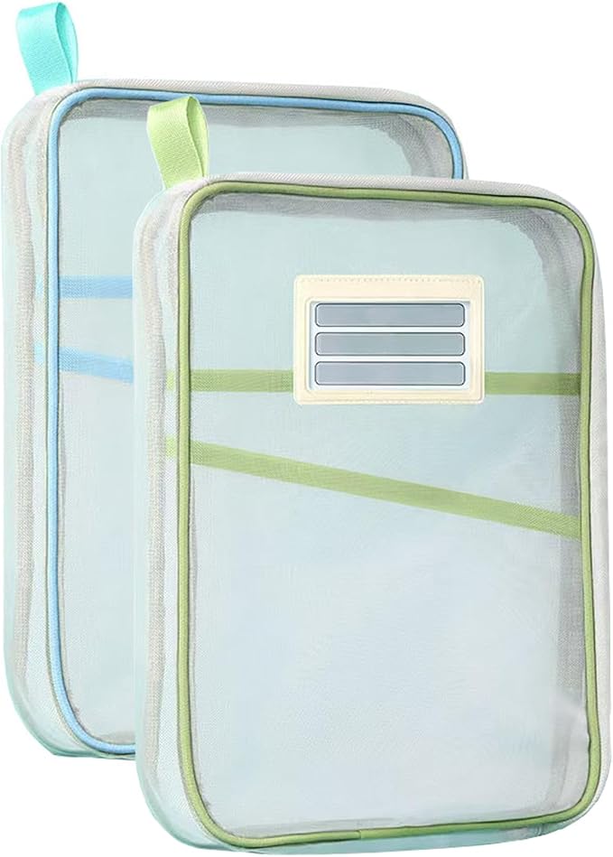 Nylon Document Bag with Zipper Light Transparent Mesh File Bag Pouch with Strap for Books A4 Documents Organizer (2, Green&Blue)