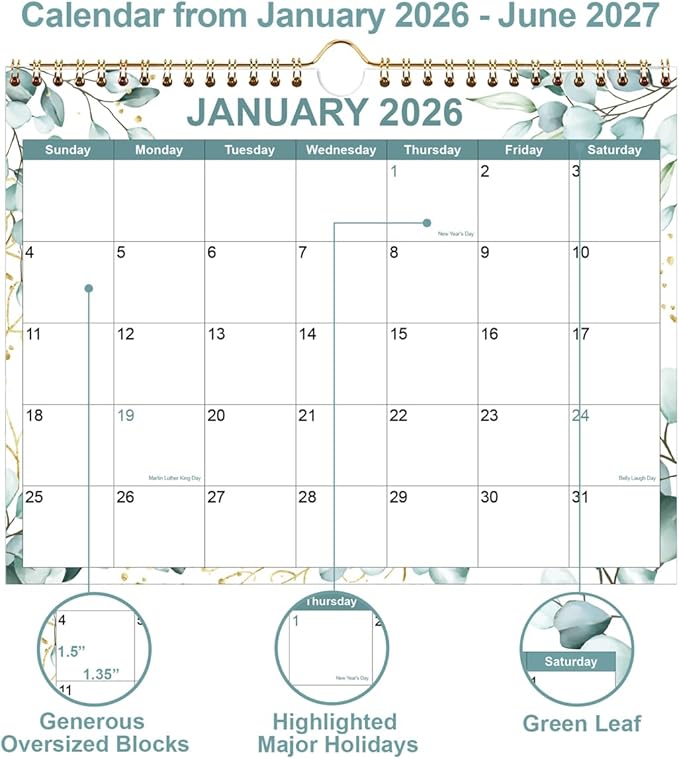 2026 Calendar, Wall Calendar 2026 from January 2026 - June 2027, 18 Months Calendar with Premium Paper, Twin-Wire Binding & Hanging Hook, 8.5" x 11", Green Leaf