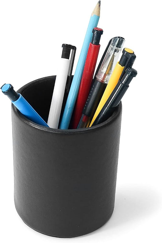 DreamsEden Pencil Holder, Leather Pen Cup for Desk (Round, Black)
