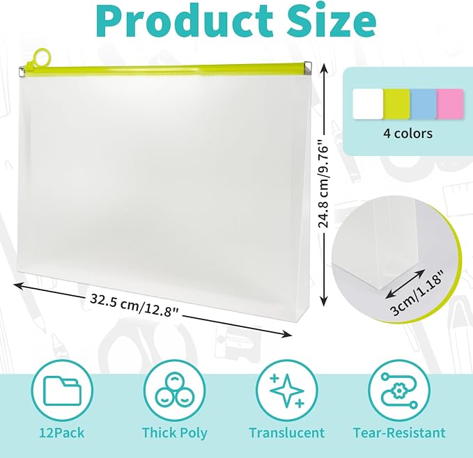 Binditek 12 Pack Clear Plastic Zip Envelopes, Heavy Duty, 9 x 12 Inch Expanding File Pouches, Multicolor Document Holders for Office and School Use