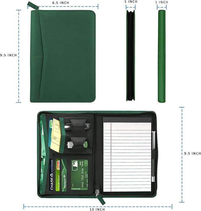 Junior Padfolio Portfolio with 5 x 8 Writing Pad, A5 Business Portfolio Binder Folder Organizer Multi-Function Combination Case for Men Women, Dark Green
