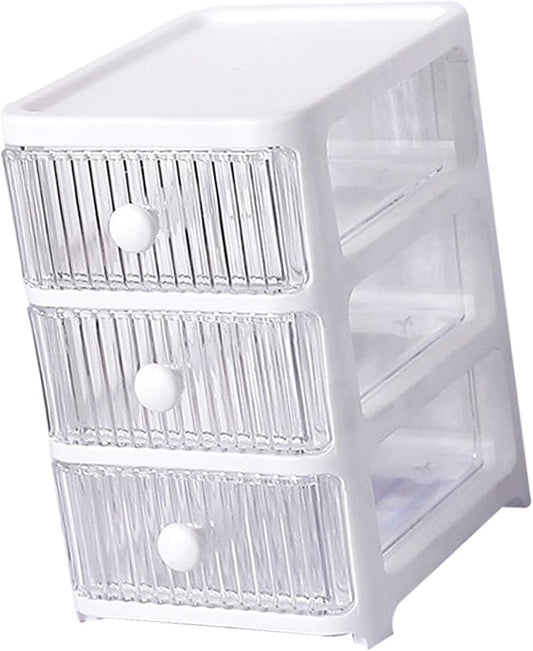 Desktop Storage Box, Transparent Plastic Stackable Desk Organizer with 4 Tier Drawers, Multi Layer Clear Drawer Organizer for Office Home Bedroom, Stationery Jewelry Cosmetics (3 Tier)
