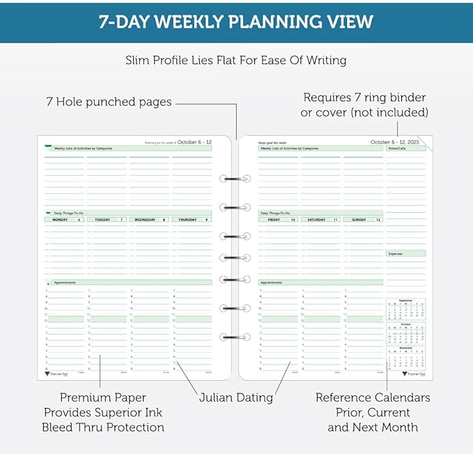 Planner Pad 7 Hole Loose Leaf 3-Tier Funnel Down 12 Month Organizer, October 2025 – September 2026, Soft Green Ink, 6 3/4" x 8 1/2"