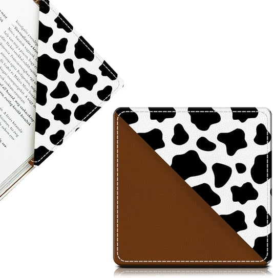 Cute Leather Bookmarks, Fun Triangle Making Corner Bookmark, Book Accessories for Reading Book Lovers, Unbreakable Page Markers for Women Men Black White Cow Print