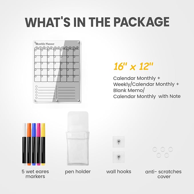 Magnetic Calendar for Refrigerator, Thick Acrylic Fridge Calendar with Strong Magnets, Clear Dry Erase White Board, 2in1 Monthly Weekly Planner, Family Organizer with 5 Color Visible Marker (Black)