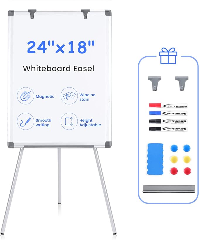 MAKELLO White Board with Stand, Portable Whiteboard Easel 24x18 in for Office Classroom Home School, Adjustable Height, Aluminum Frame