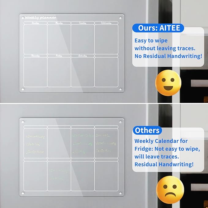 AITEE Acrylic Magnetic Weekly Calendar for Fridge, 16"x12" Inches Clear Weekly Planner for Refrigerator Includes 6 Dry Erase Markers with 3 Colors