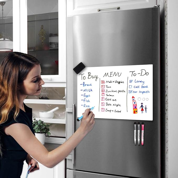CUHIOY Magnetic Whiteboard Sheets 20" x 12" for Fridge, Easy to Clean Refrigerator Magnet Dry Erase White Board, Ideal for Family Planner Organiser to Do List Grocery List with 4 Marker Pens & Eraser