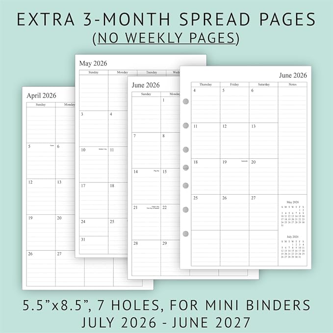 newestor 2026-2027 Planner Refill for Mini Binder, Weekly & Monthly, July 2026 - June 2027, 5-1/2" x 8-1/2", Desk Size 4, 7 Holes
