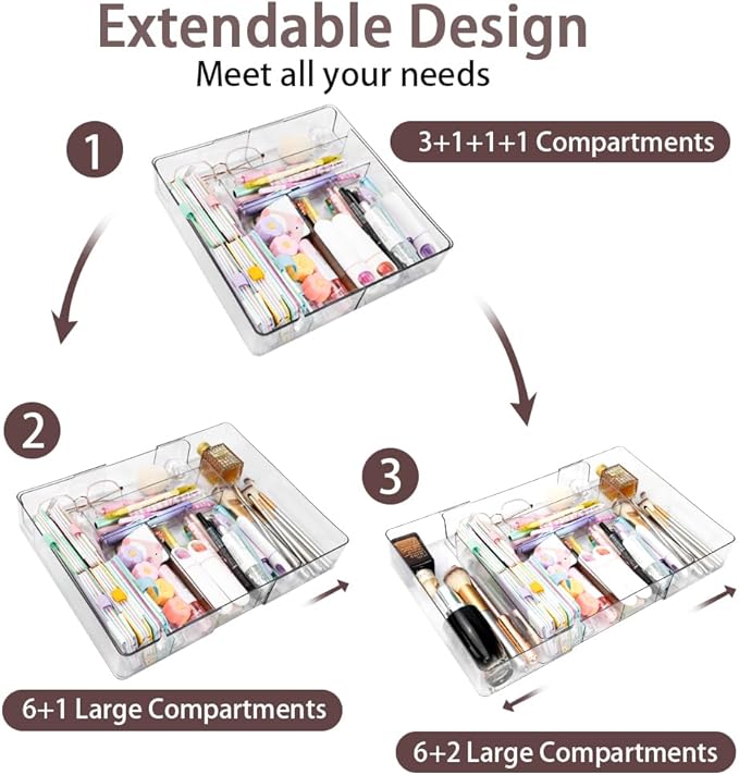 CEYAZYE Acrylic Expandable Drawer Organizer, Clear Makeup Vanity Dividers Trays with 8 Compartment, Versatile Desk Accessories Storage for Office Supplies Junk Silverware, (10.6"-16.9") x 10.6" x 2.3"