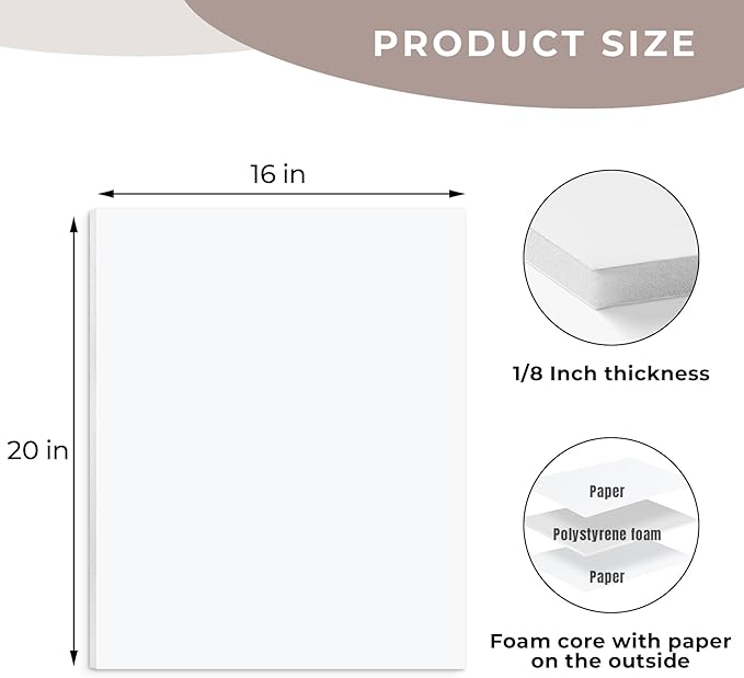 AUEAR, 12 Pack 16x20 White Foam Boards 1/8" Thickness Foam Core Boards for Presentation Board for School Crafts Office Art Projects Display, Mounting, Print