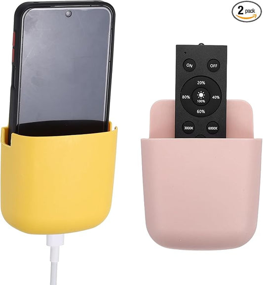 PATIKIL 2Pcs Remote Control Holder Wall Mount, Self-Adhesive TV Air Conditioner Control Holder Phone Charging Organizer Slot for Home Office Bedroom Supply Pen Organizer, Yellow, Pink