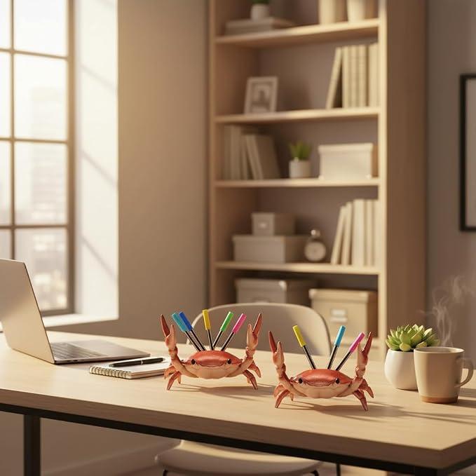 2PcsCreative Crab Pen Holder Weightlifting Crabs Pen Stand Storage Rack, Office Desktop Decoration, Pencil Holders Desk Supplies Holders and Dispensers, Desk Accessories and Workspace Organizers (Red)
