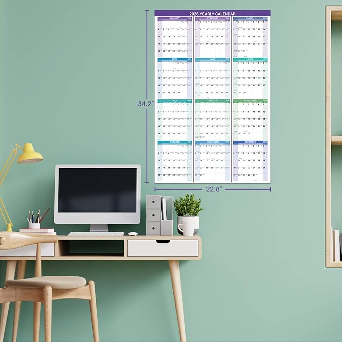 2026 Yearly Wall Calendar - 2026 Calendar, 2026 Wall Calendar 12month, Jan. 2026 to Dec. 2026, 34.2" x 22.8" (Open), Vertical, Thick Paper, Double-sides Round Stickers, Holidays & Julian Dates