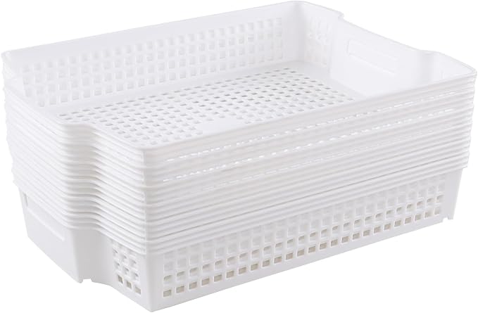6-Pack Stacking Plastic Paper Basket trays, Stackable Paper Baskets for Classroom, White