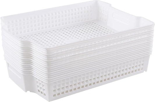 6-Pack Stacking Plastic Paper Basket trays, Stackable Paper Baskets for Classroom, White