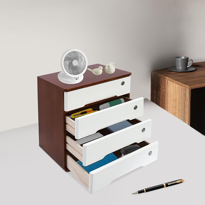 Wooden Desktop Storage Box with Lockable Drawers, Flat File Cabinet Drawer Desktop Storage Box, Countertop Storage Cabinet for Office Home Toiletries Supplies Vanity (walnut+white, 4 Drawer)