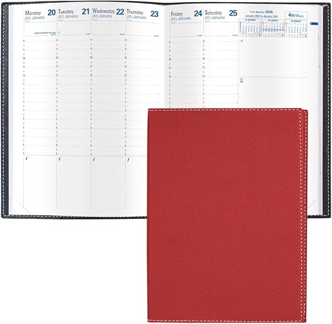 Quo Vadis 2026 Trinote - Weekly Planner - 13 Months, Dec. to Dec. - 7 x 9 3/8" - Grained Faux Leather Club Red Cover - Productivity Appointment Planner