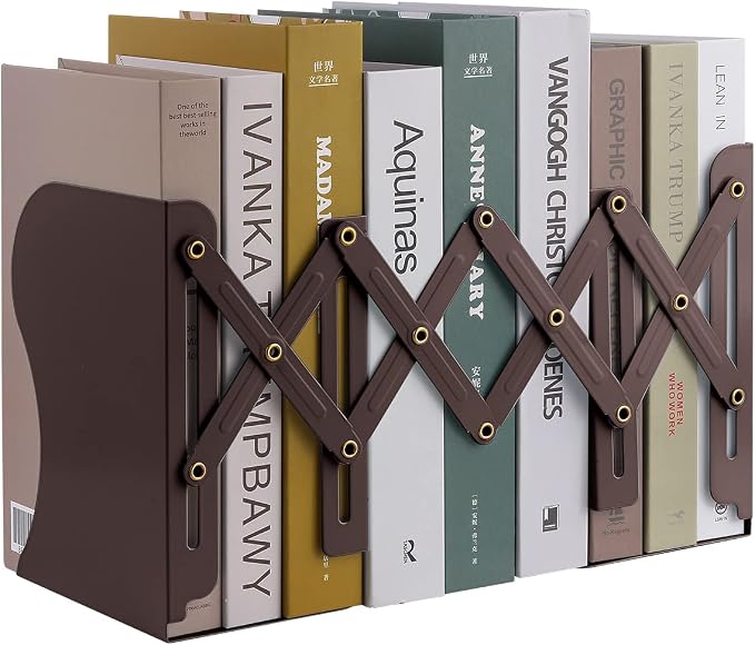 MSDADA Adjustable Bookends, Book Ends for Heavy Books, Expandable Book Organizer for Desk, Shelf, Office, School, for 6 7 8 9 10 11-15 Boys and Girls, Extends up to 19 inches (Brown)
